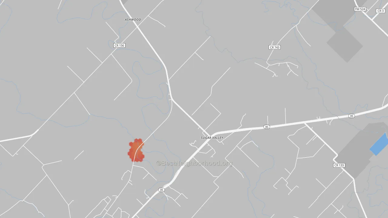 Walk Grade map of Sugar Valley, TX, walkable areas in green and car-dependent areas in red