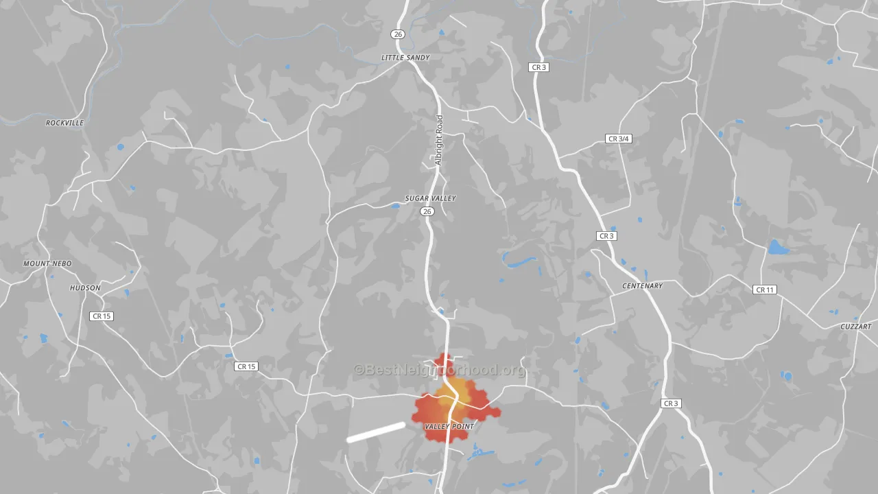 Walk Grade map of Sugar Valley, WV, walkable areas in green and car-dependent areas in red