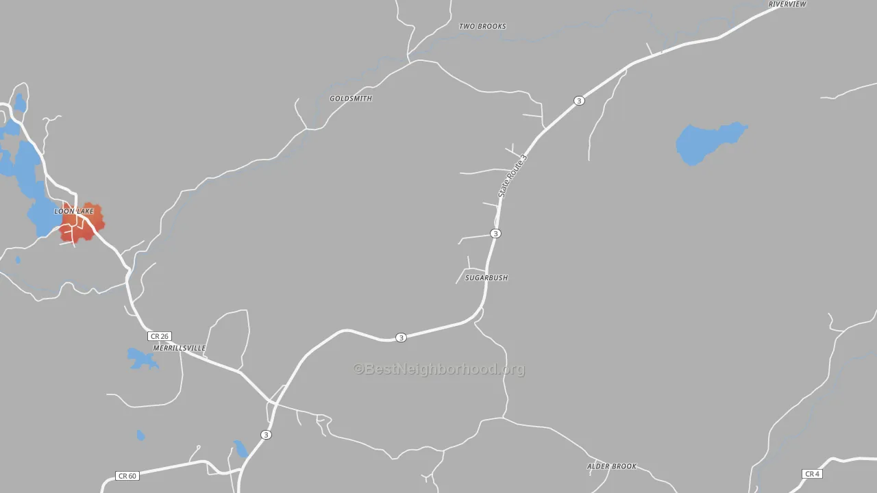 Walk Grade map of Sugarbush, NY, walkable areas in green and car-dependent areas in red