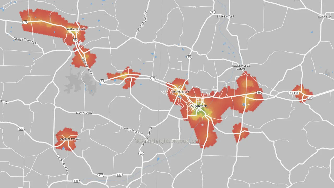 Walk Grade map of Sugarcreek, OH, walkable areas in green and car-dependent areas in red