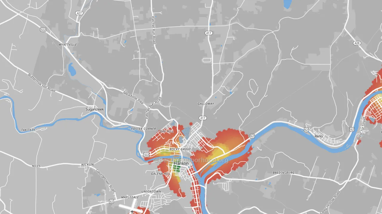 Walk Grade map of Sugarcreek, PA, walkable areas in green and car-dependent areas in red