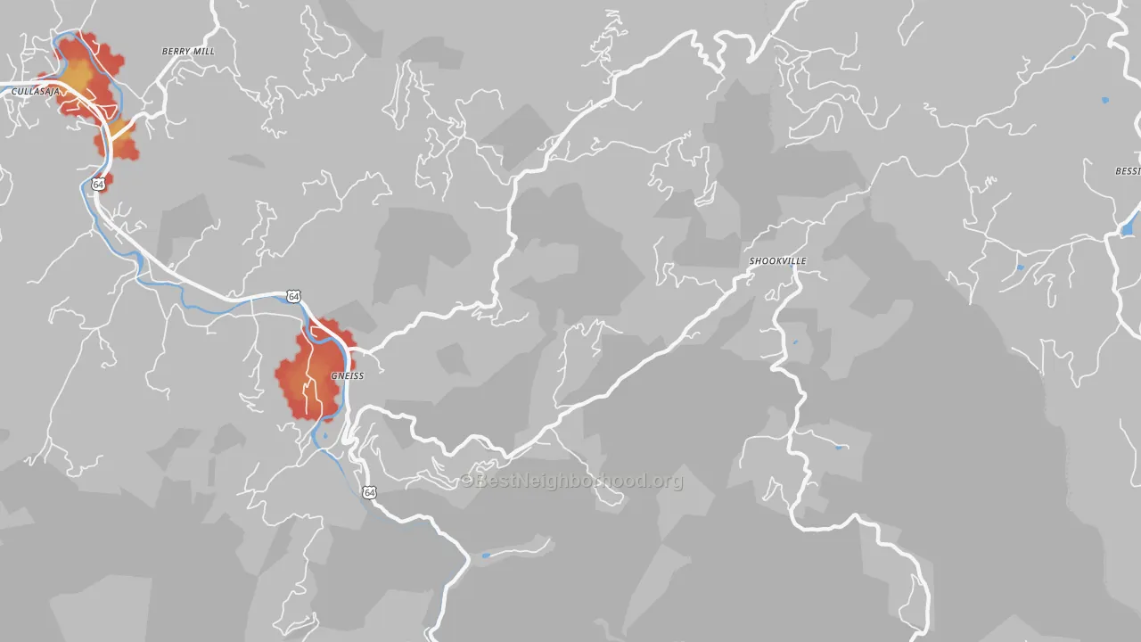 Walk Grade map of Sugarfork, NC, walkable areas in green and car-dependent areas in red