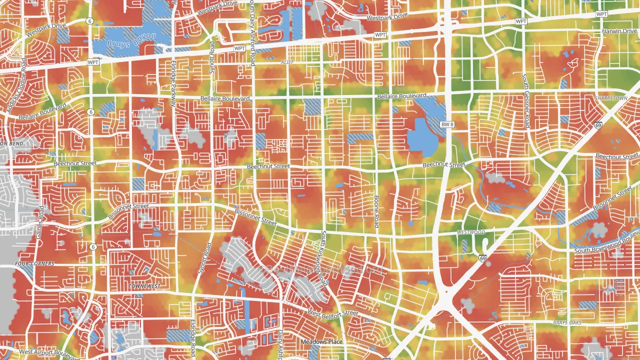 Walk Grade map of Sugarland, Houston, TX, walkable areas in green and car-dependent areas in red