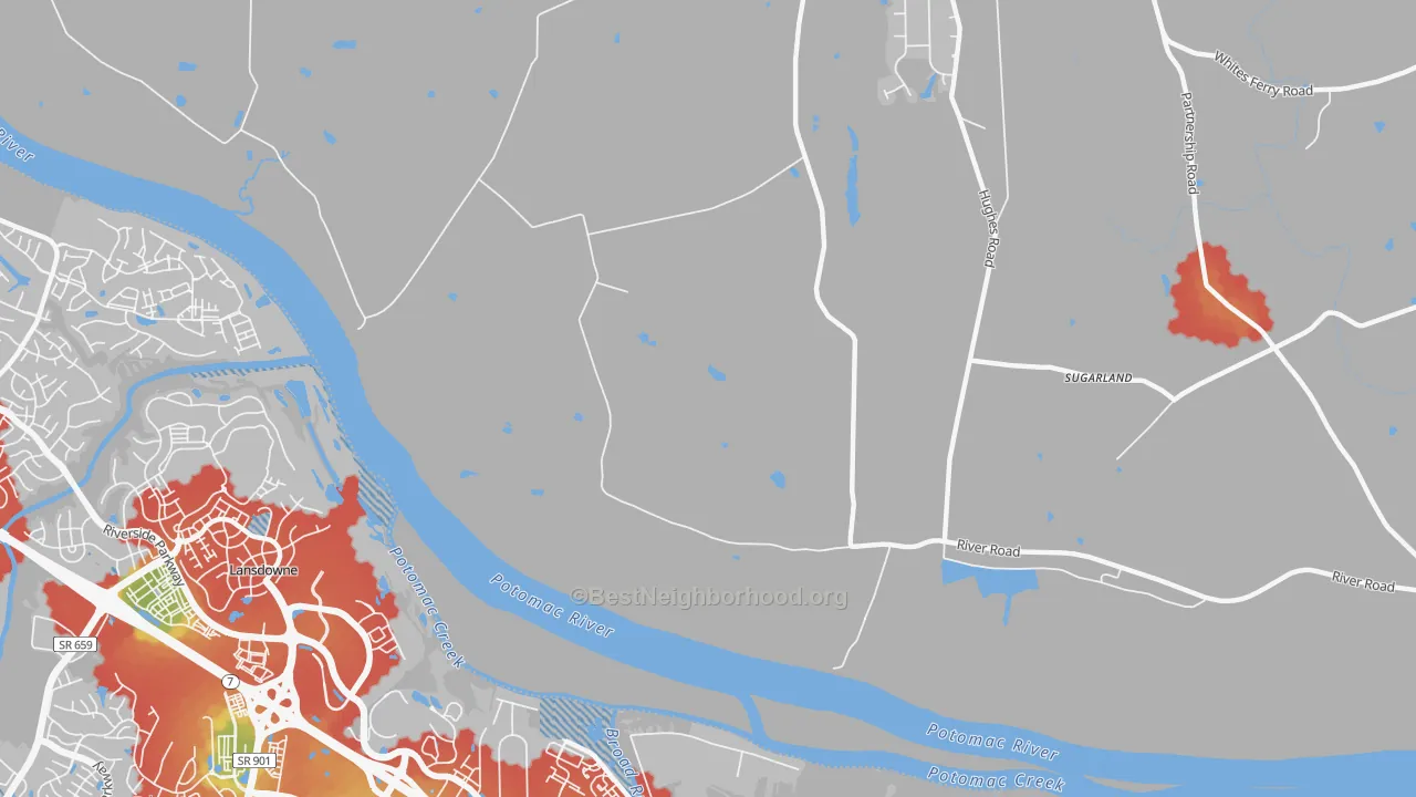 Walk Grade map of Sugarland, MD, walkable areas in green and car-dependent areas in red