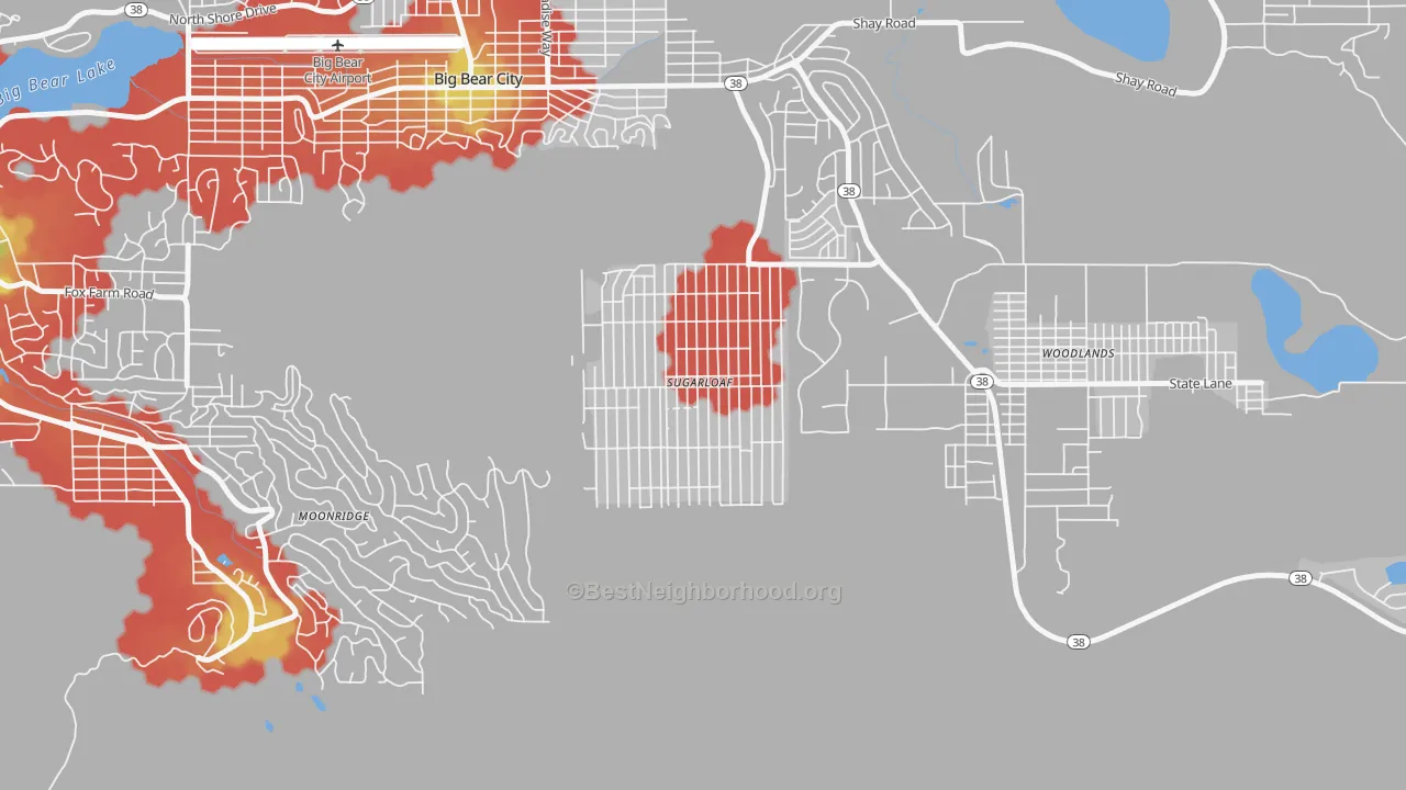 Walk Grade map of Sugarloaf, CA, walkable areas in green and car-dependent areas in red