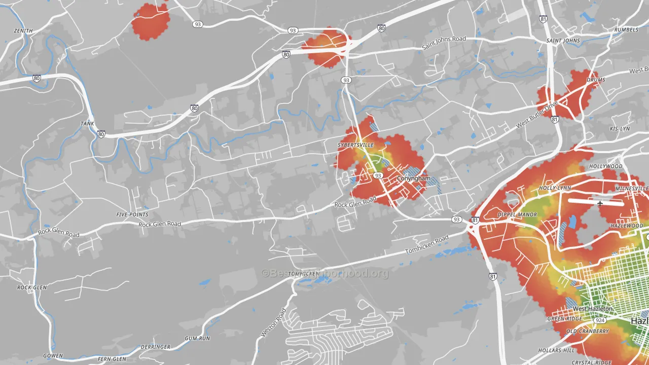 Walk Grade map of Sugarloaf, PA, walkable areas in green and car-dependent areas in red