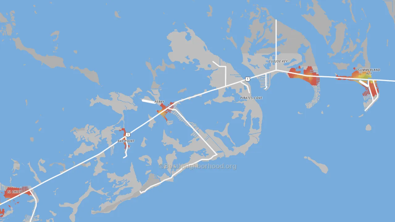 Walk Grade map of Sugarloaf Shores, FL, walkable areas in green and car-dependent areas in red