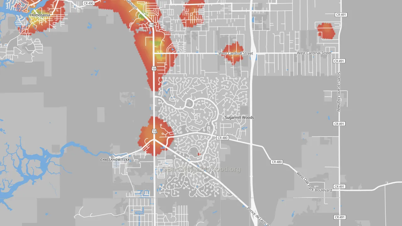 Walk Grade map of Sugarmill Woods, FL, walkable areas in green and car-dependent areas in red