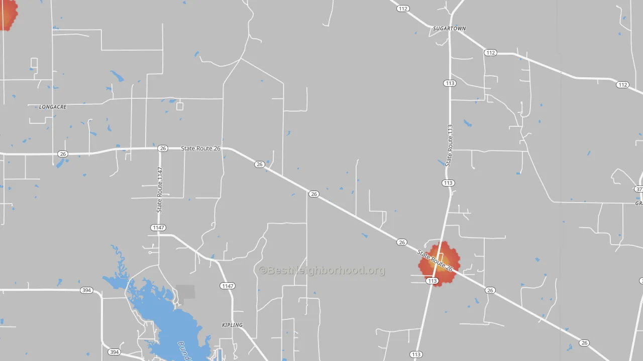 Walk Grade map of Sugartown, LA, walkable areas in green and car-dependent areas in red