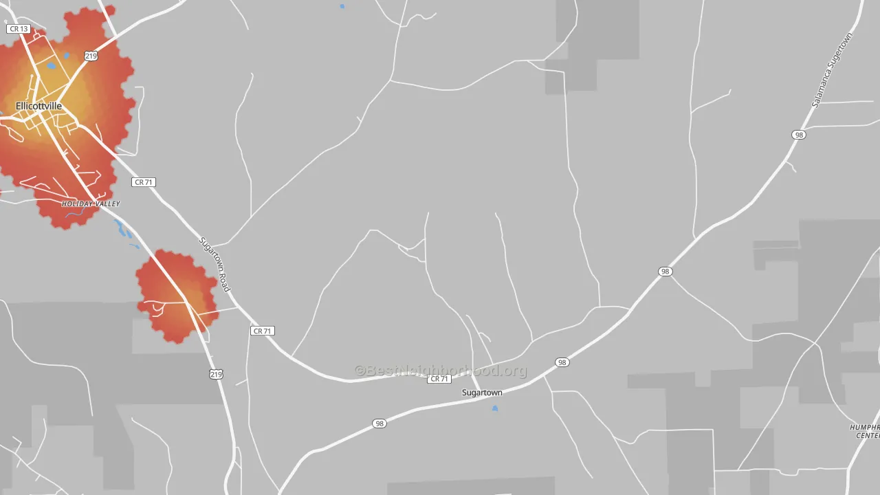 Walk Grade map of Sugartown, NY, walkable areas in green and car-dependent areas in red
