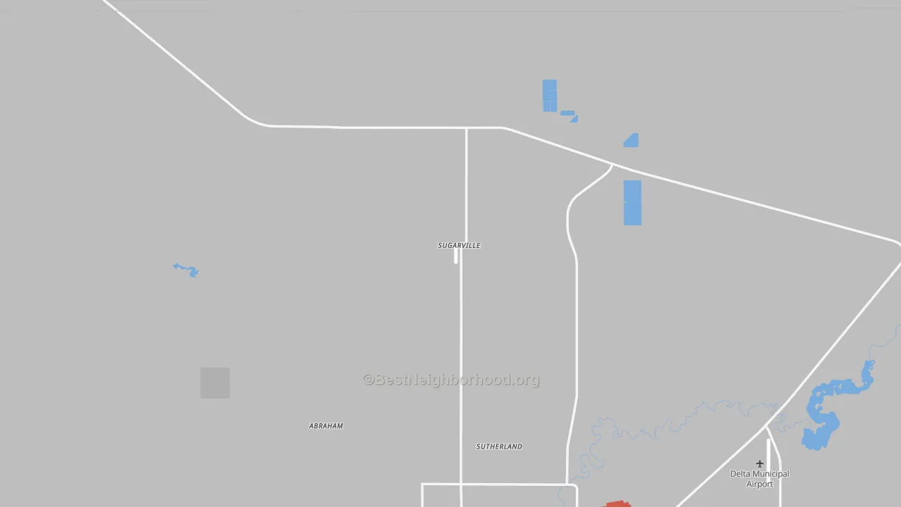 Walk Grade map of Sugarville, UT, walkable areas in green and car-dependent areas in red