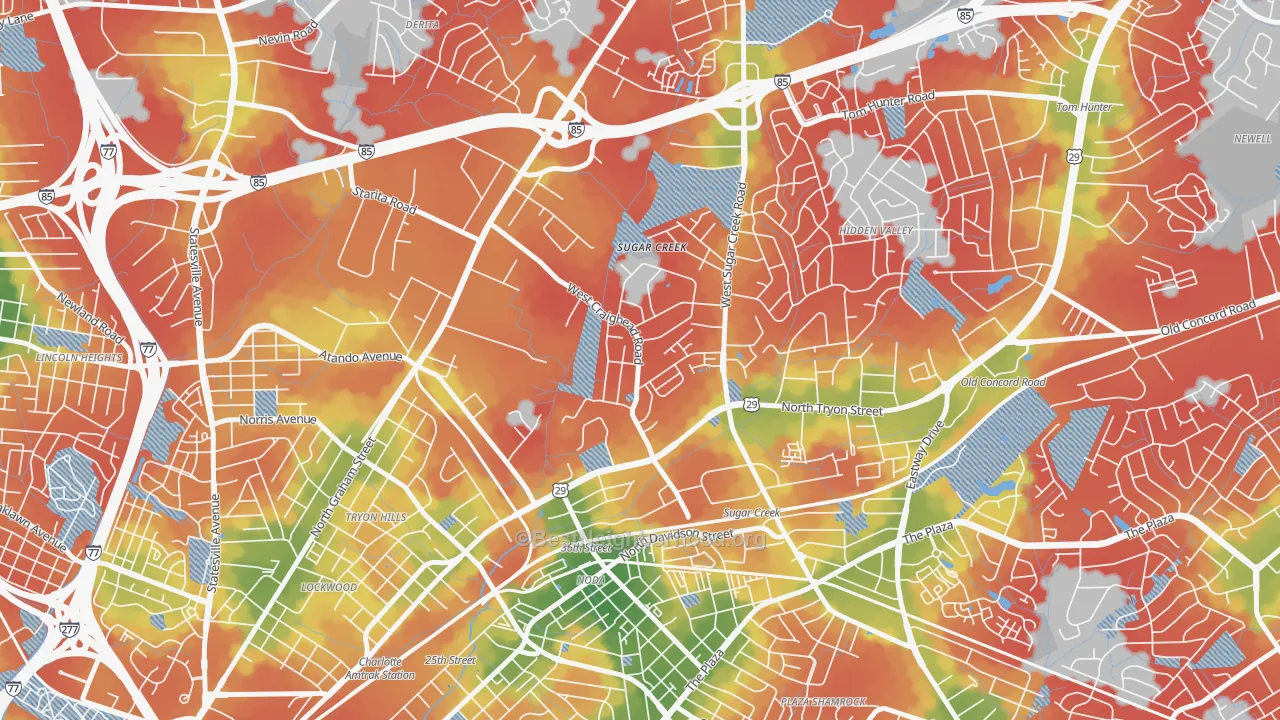 Walk Grade map of Sugaw Creek, Charlotte, NC, walkable areas in green and car-dependent areas in red