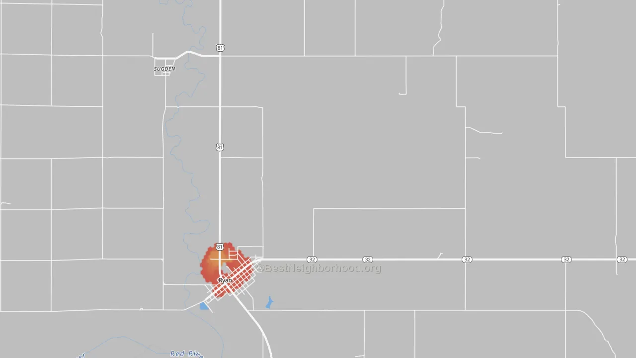 Walk Grade map of Sugden, OK, walkable areas in green and car-dependent areas in red