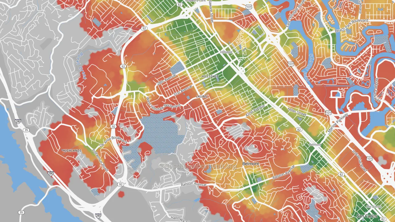 Walk Grade map of Sugerloaf, San Mateo, CA, walkable areas in green and car-dependent areas in red