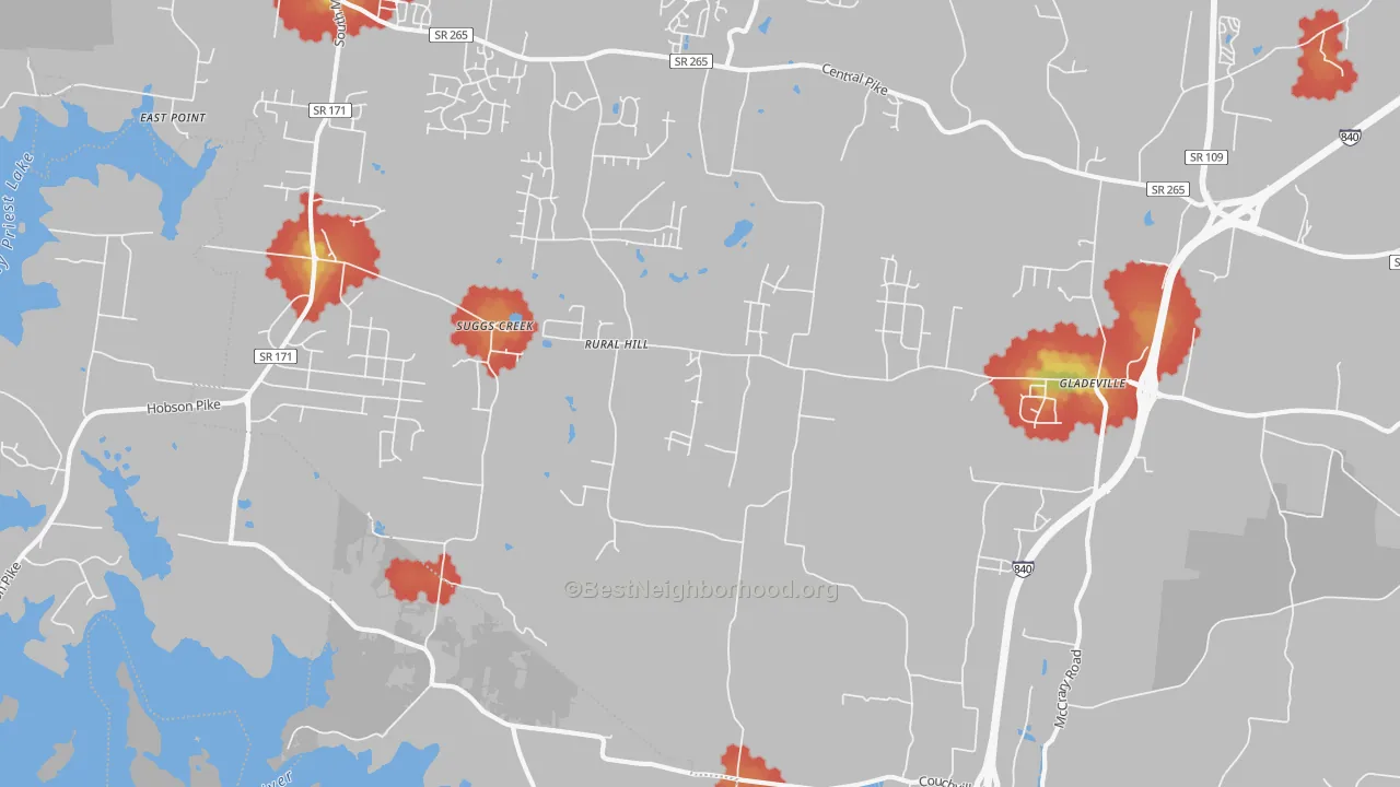 Walk Grade map of Suggs Creek, TN, walkable areas in green and car-dependent areas in red