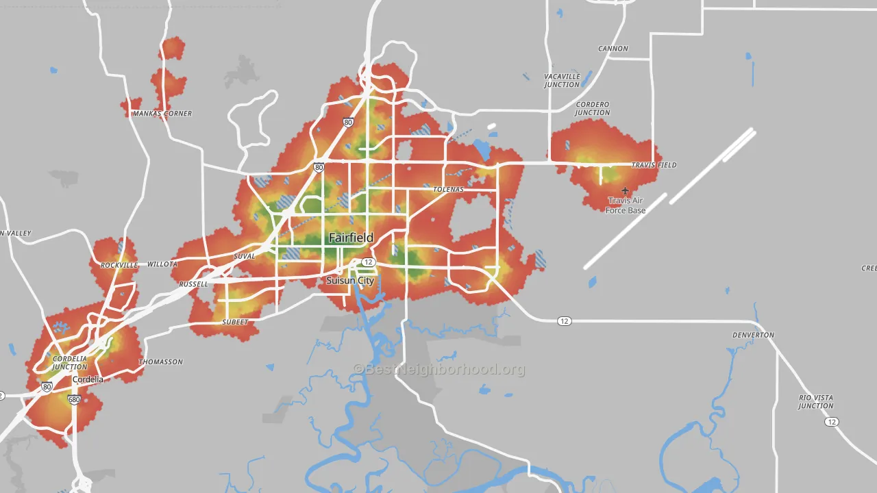 Walk Grade map of Suisun City, CA, walkable areas in green and car-dependent areas in red