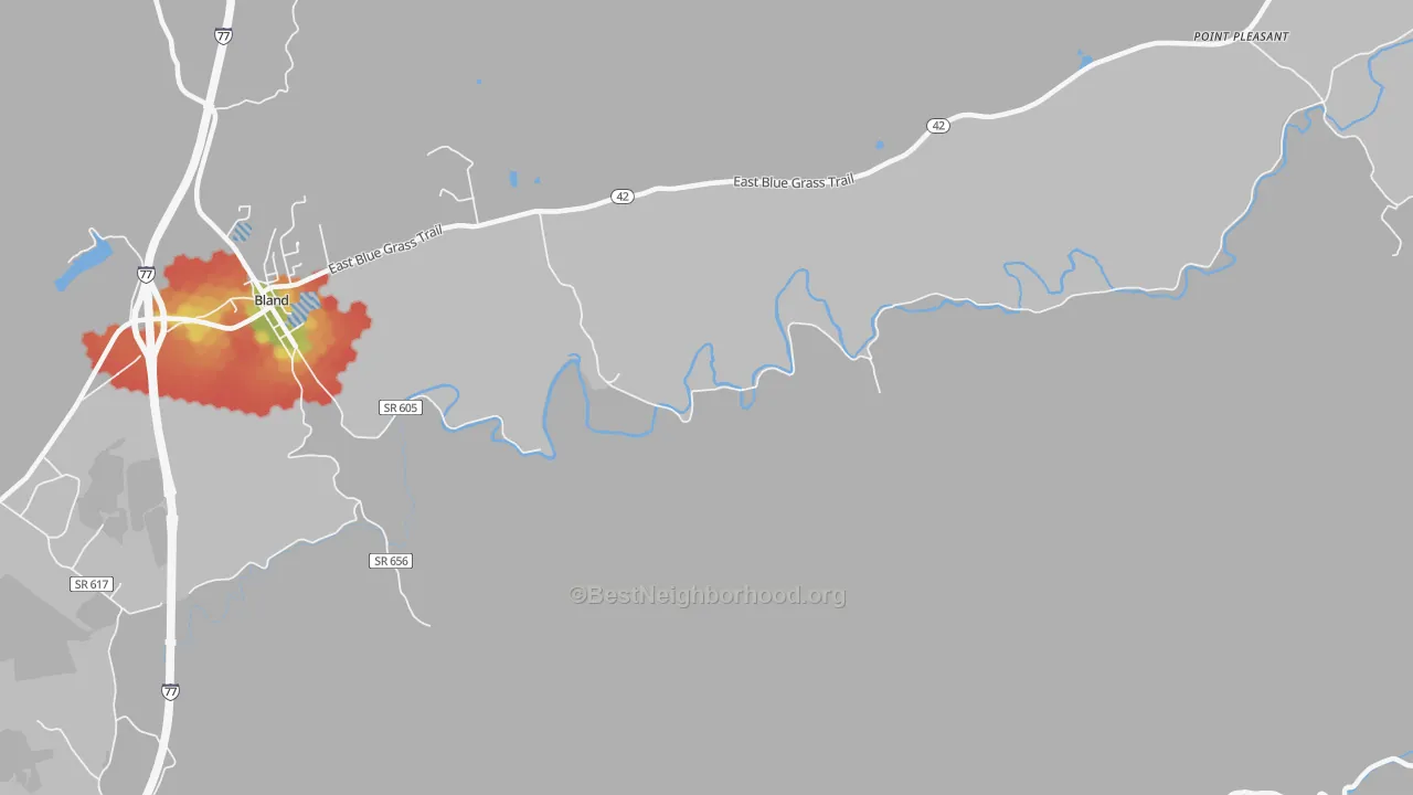 Walk Grade map of Suiter, VA, walkable areas in green and car-dependent areas in red