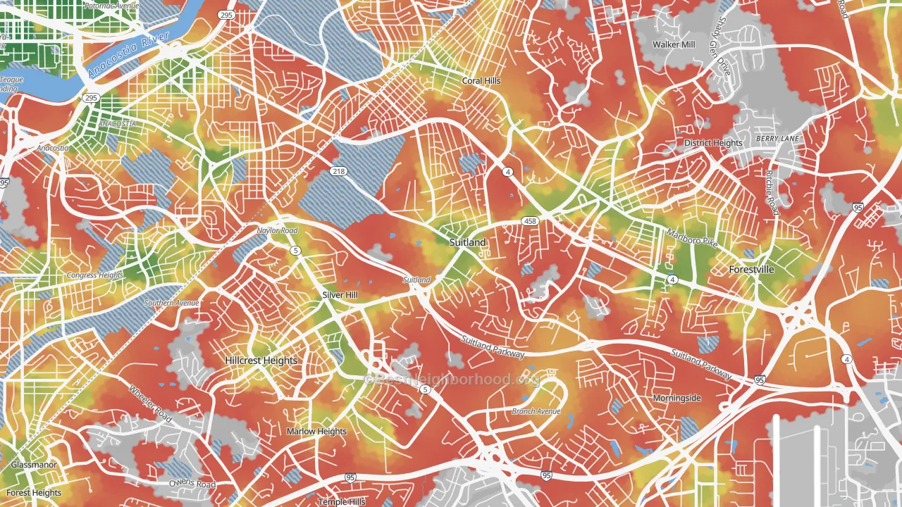 Walk Grade map of Suitland, MD, walkable areas in green and car-dependent areas in red