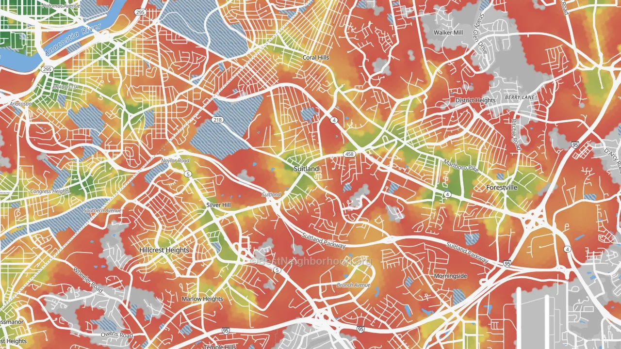 Walk Grade map of Suitland-Silver Hill, Suitland, MD, walkable areas in green and car-dependent areas in red