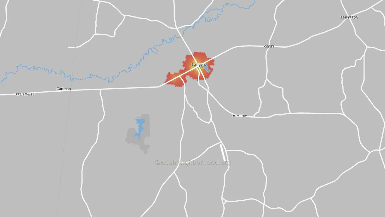 Walk Grade map of Sulligent, AL, walkable areas in green and car-dependent areas in red