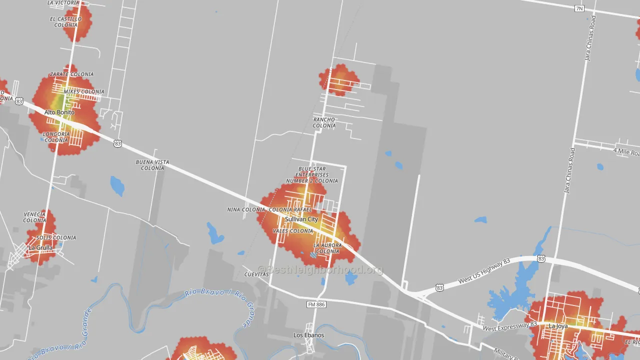 Walk Grade map of Sullivan City, TX, walkable areas in green and car-dependent areas in red