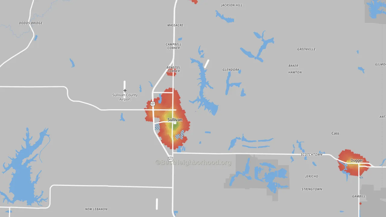 Walk Grade map of Sullivan County, IN, walkable areas in green and car-dependent areas in red