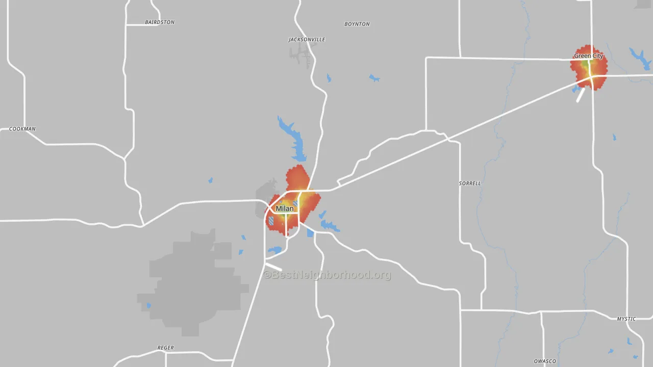 Walk Grade map of Sullivan County, MO, walkable areas in green and car-dependent areas in red