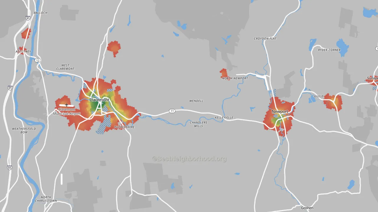 Walk Grade map of Sullivan County, NH, walkable areas in green and car-dependent areas in red