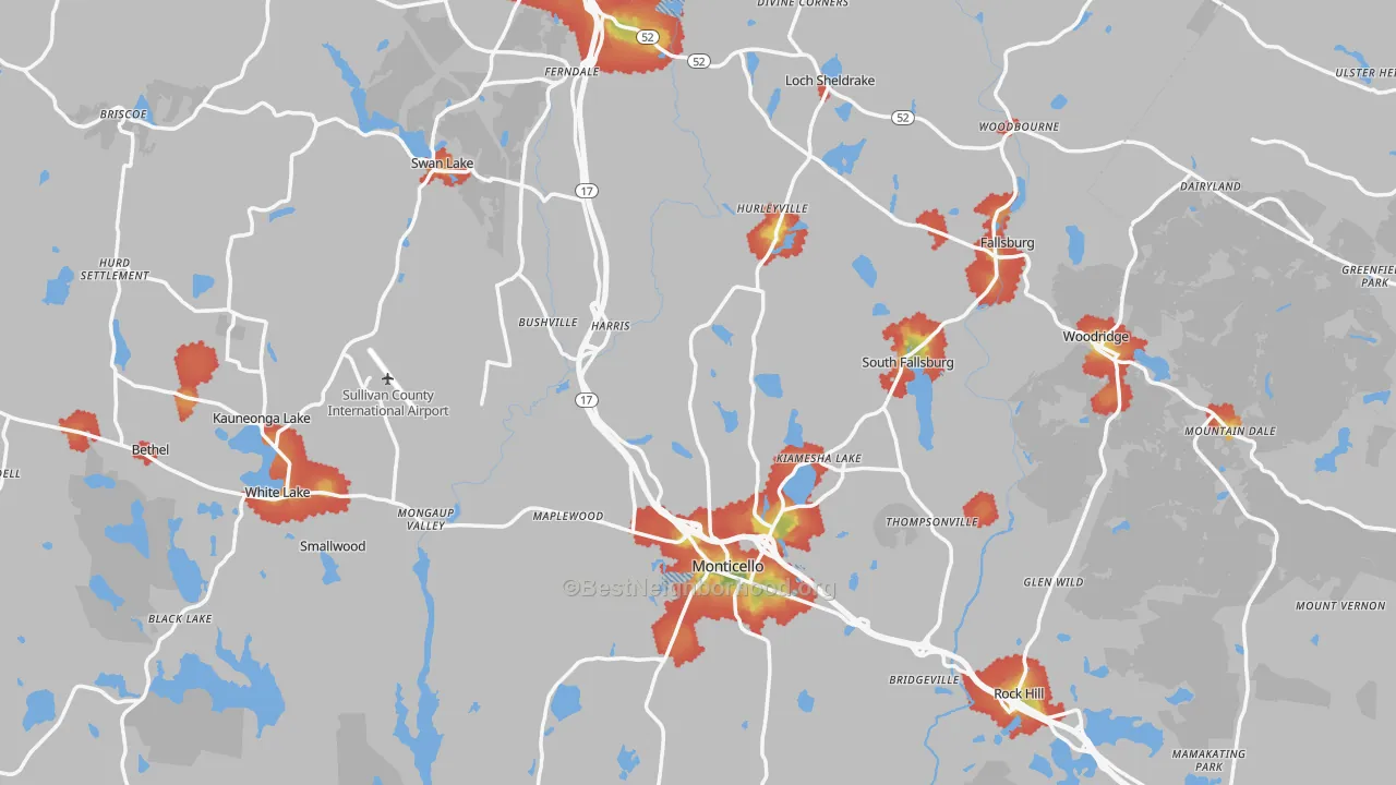 Walk Grade map of Sullivan County, NY, walkable areas in green and car-dependent areas in red