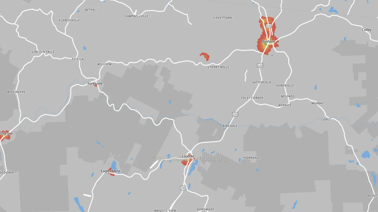 Walk Grade map of Sullivan County, PA, walkable areas in green and car-dependent areas in red