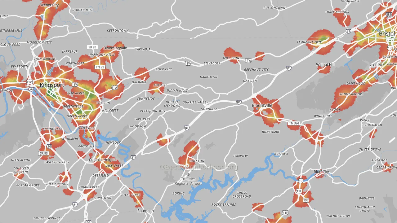 Walk Grade map of Sullivan County, TN, walkable areas in green and car-dependent areas in red