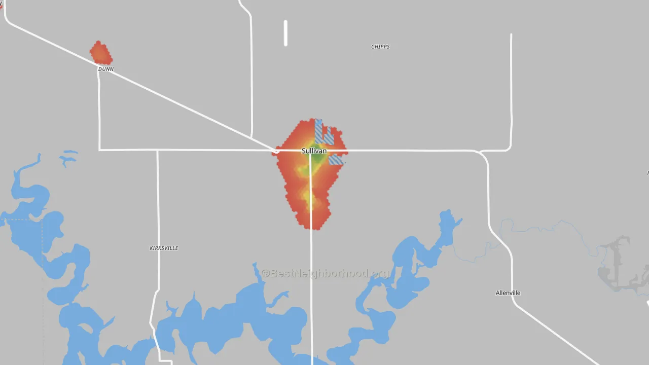 Walk Grade map of Sullivan, IL, walkable areas in green and car-dependent areas in red