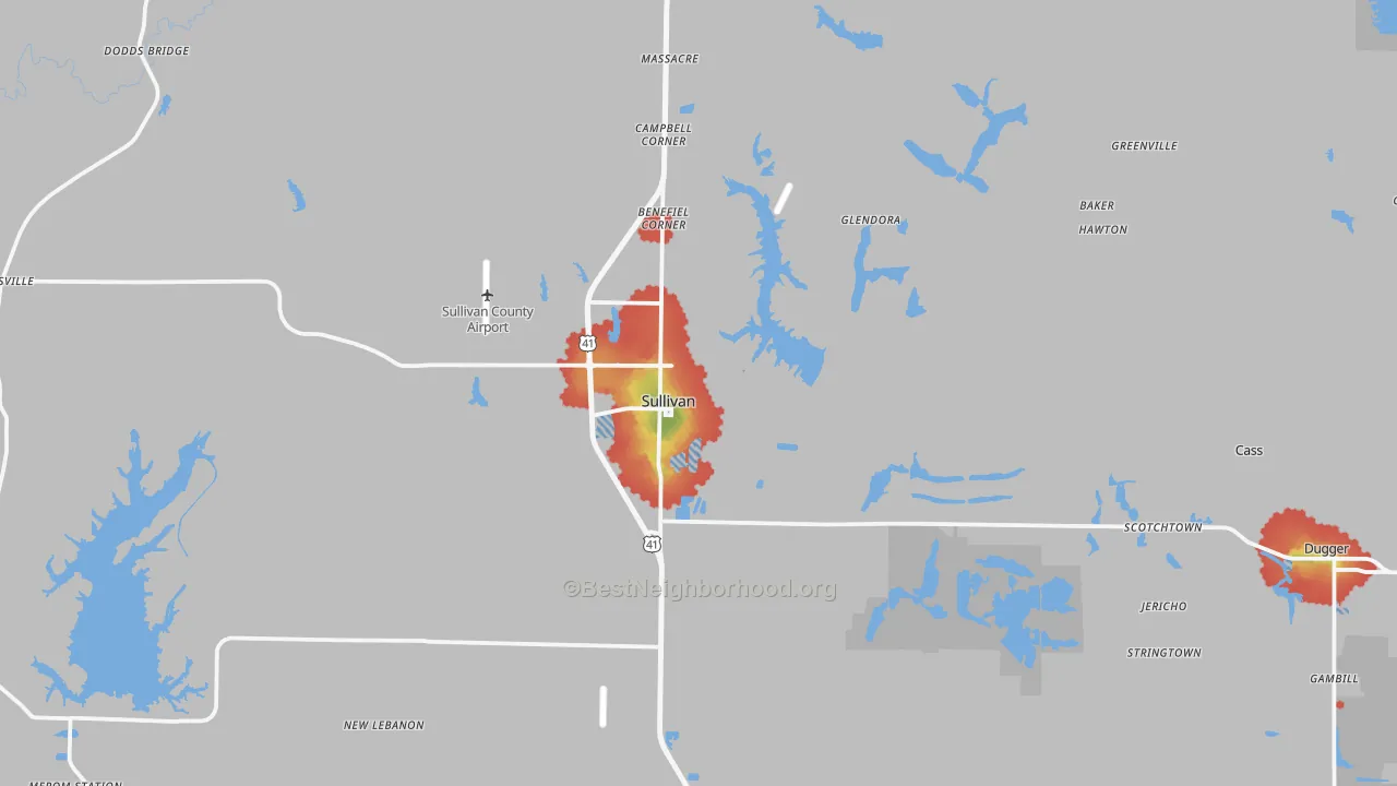 Walk Grade map of Sullivan, IN, walkable areas in green and car-dependent areas in red