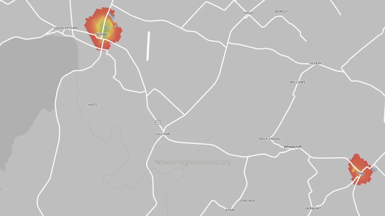 Walk Grade map of Sullivan, KY, walkable areas in green and car-dependent areas in red