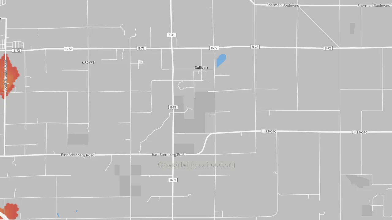 Walk Grade map of Sullivan, MI, walkable areas in green and car-dependent areas in red