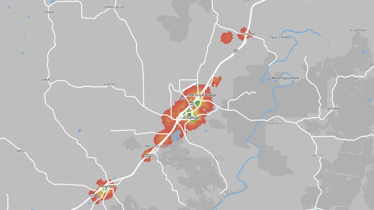 Walk Grade map of Sullivan, MO, walkable areas in green and car-dependent areas in red