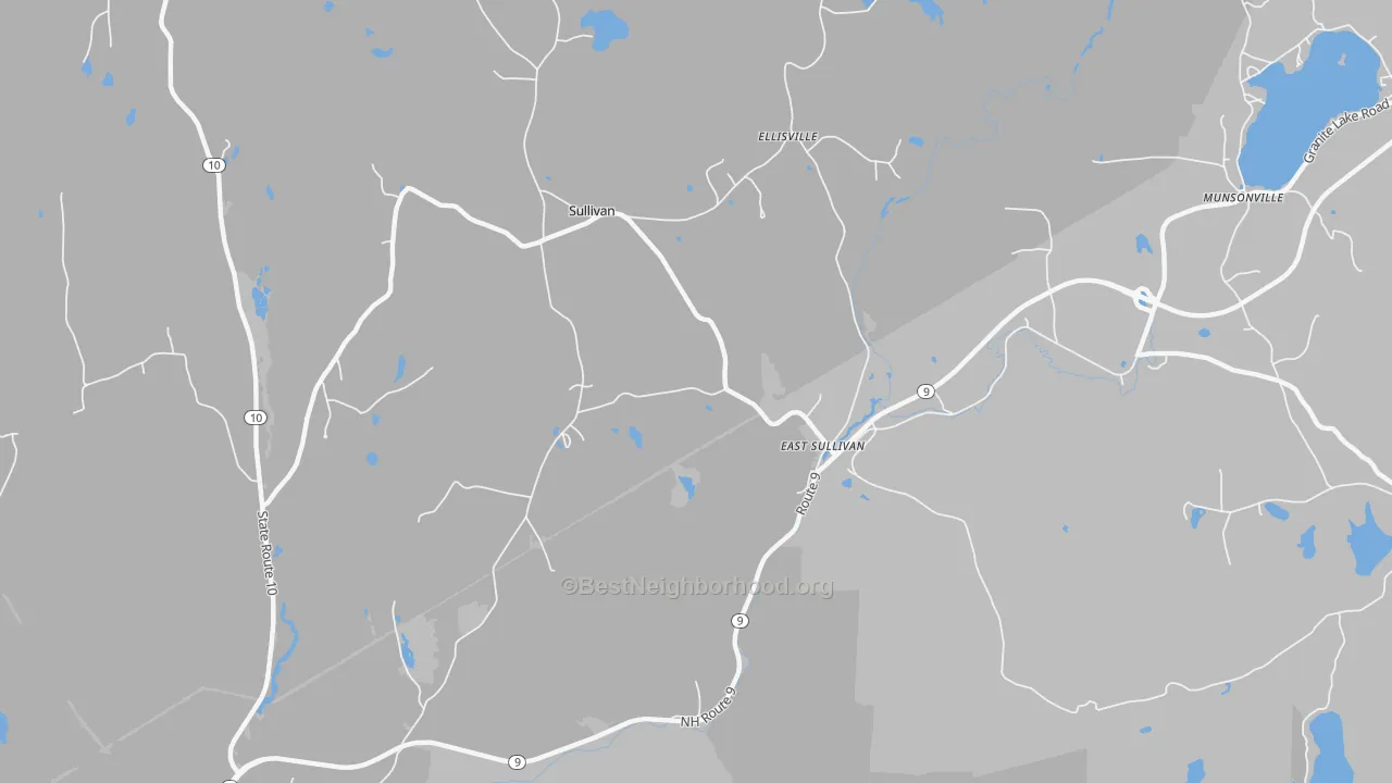 Walk Grade map of Sullivan, NH, walkable areas in green and car-dependent areas in red