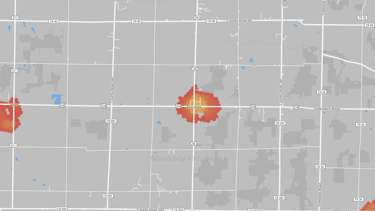 Walk Grade map of Sullivan, OH, walkable areas in green and car-dependent areas in red