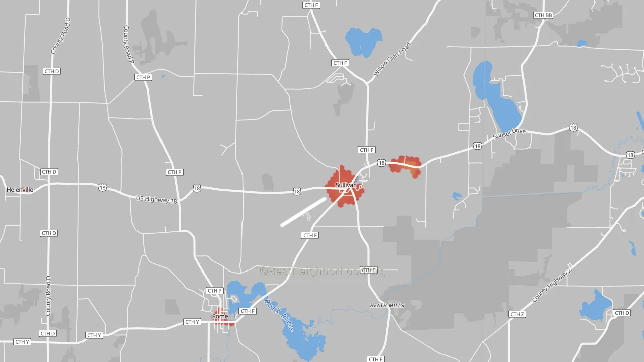Walk Grade map of Sullivan, WI, walkable areas in green and car-dependent areas in red