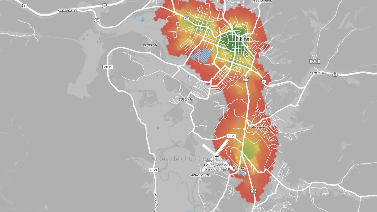 Walk Grade map of Sullivan, WV, walkable areas in green and car-dependent areas in red