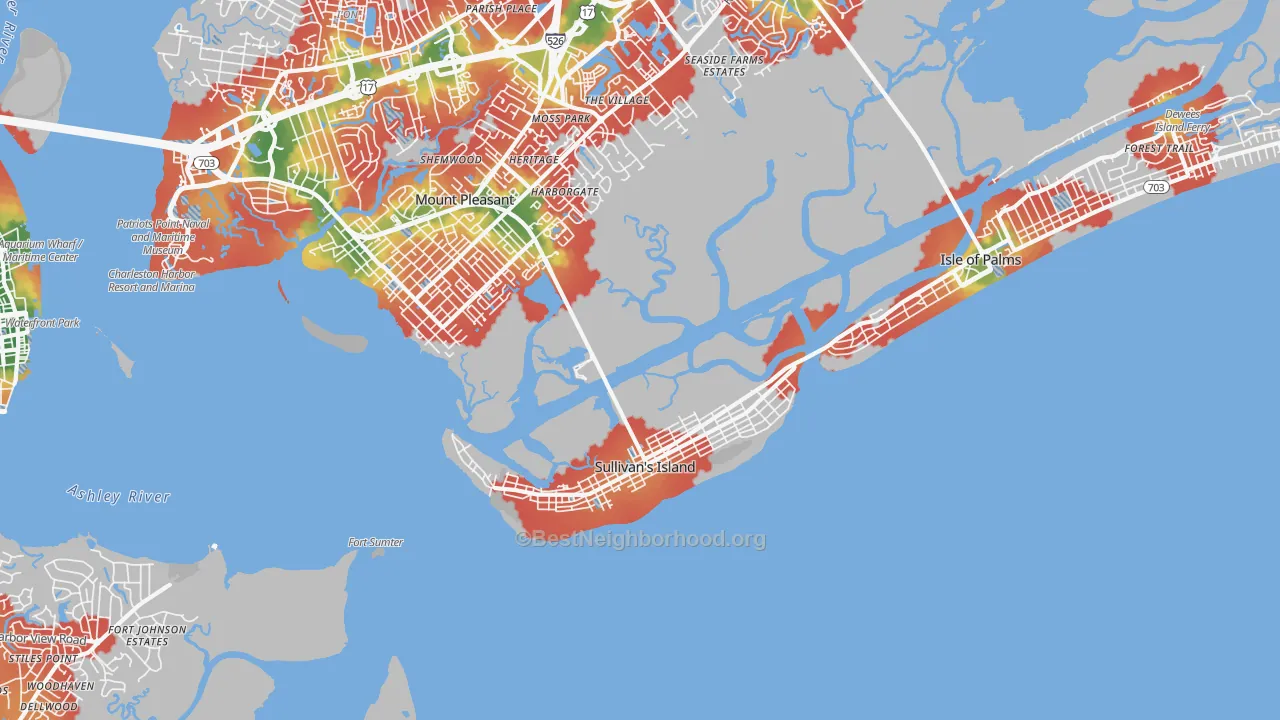 Walk Grade map of Sullivans Island, SC, walkable areas in green and car-dependent areas in red