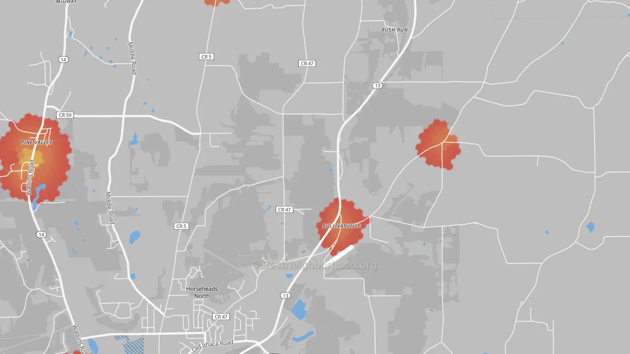 Walk Grade map of Sullivanville, NY, walkable areas in green and car-dependent areas in red