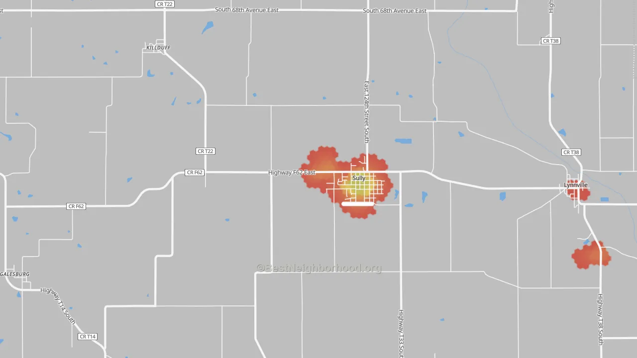 Walk Grade map of Sully, IA, walkable areas in green and car-dependent areas in red
