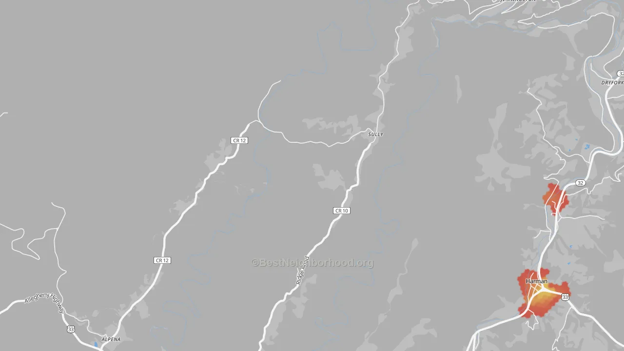 Walk Grade map of Sully, WV, walkable areas in green and car-dependent areas in red