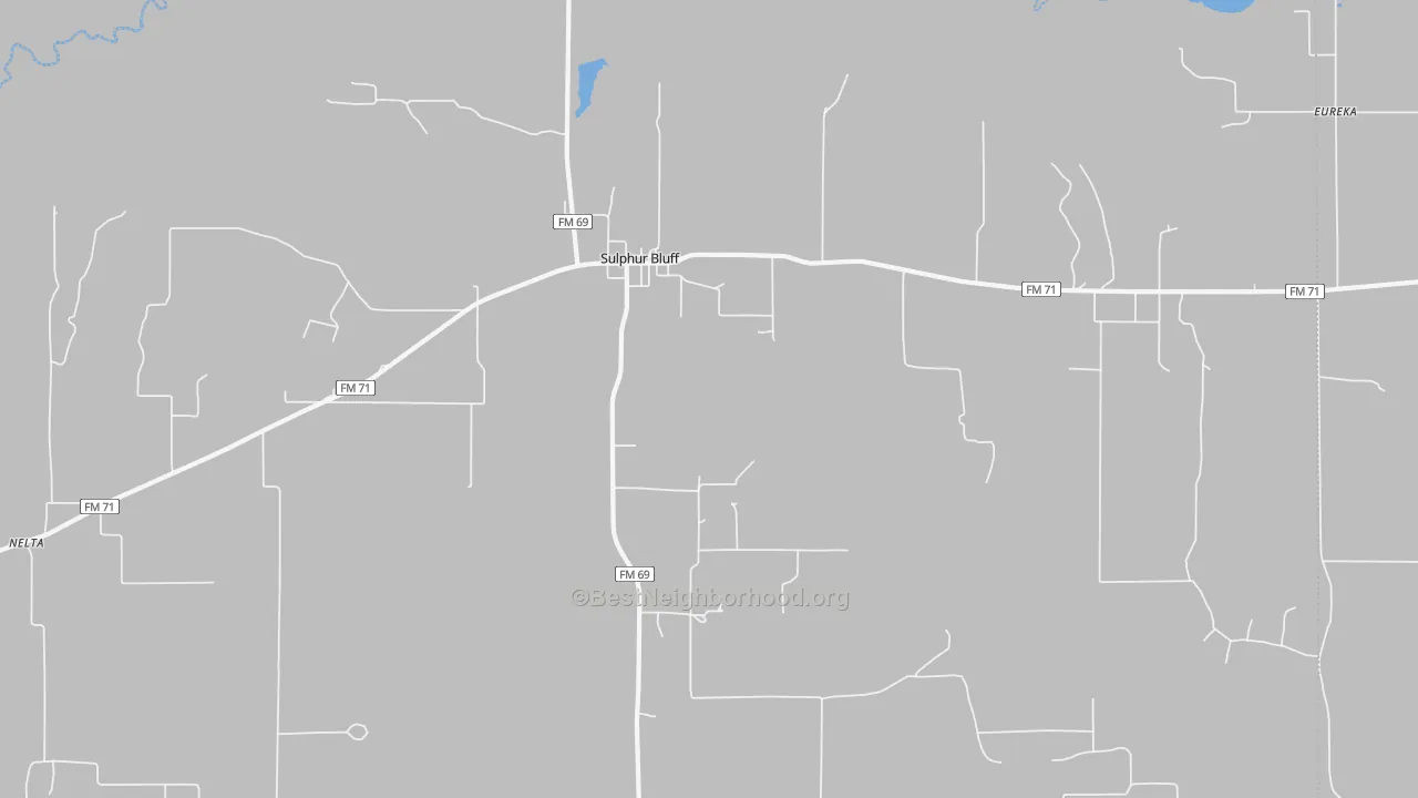 Walk Grade map of Sulphur Bluff, TX, walkable areas in green and car-dependent areas in red