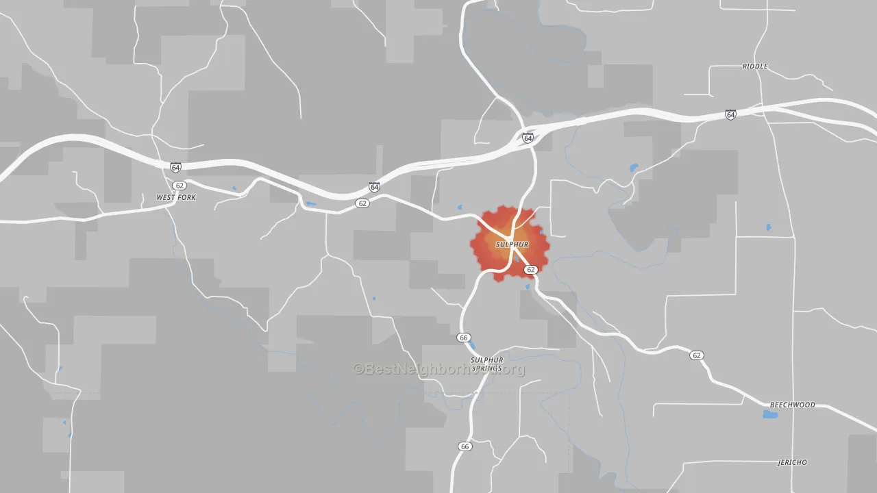 Walk Grade map of Sulphur, IN, walkable areas in green and car-dependent areas in red