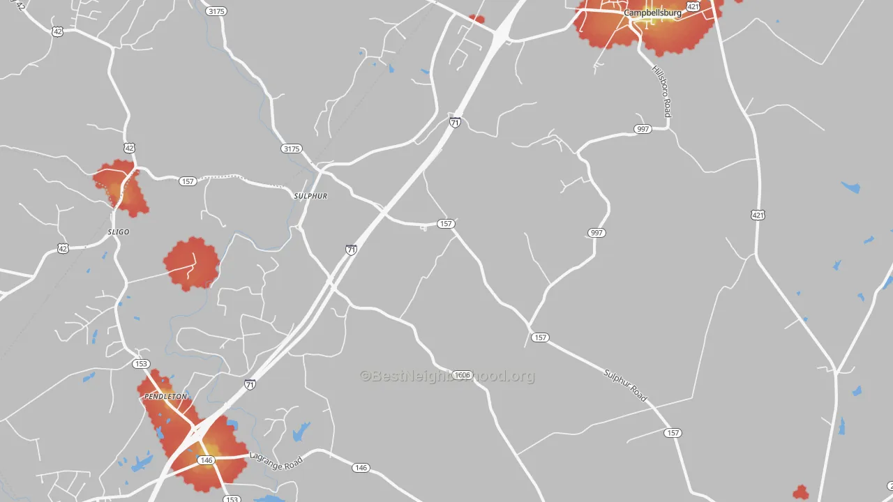 Walk Grade map of Sulphur, KY, walkable areas in green and car-dependent areas in red