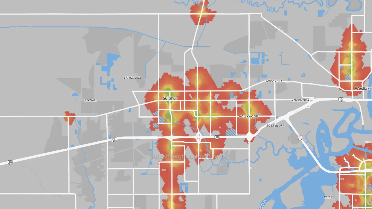 Walk Grade map of Sulphur, LA, walkable areas in green and car-dependent areas in red