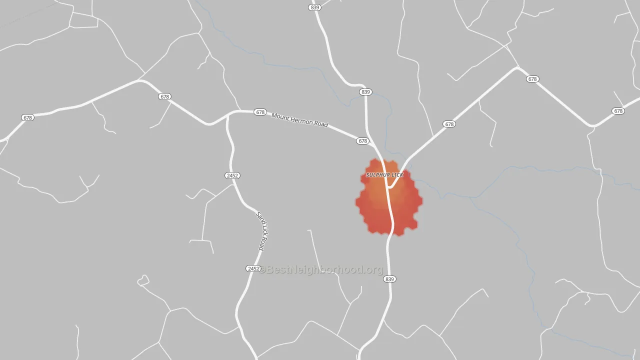 Walk Grade map of Sulphur Lick, KY, walkable areas in green and car-dependent areas in red