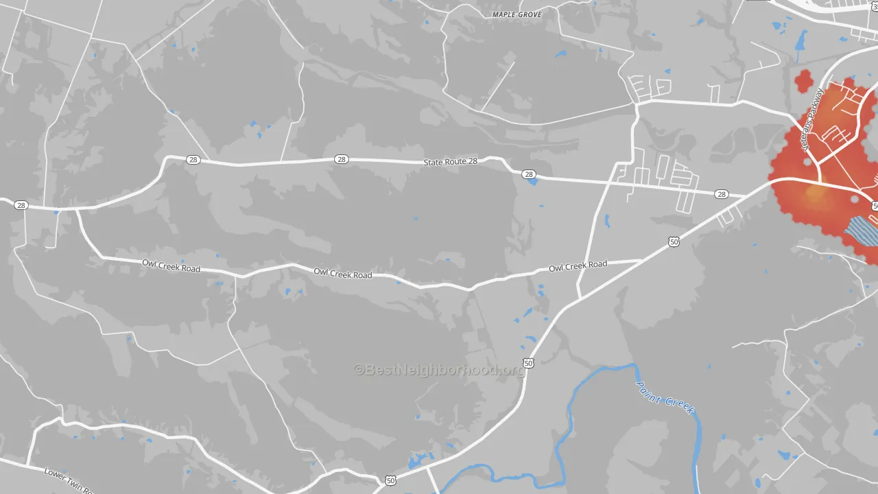 Walk Grade map of Sulphur Lick, OH, walkable areas in green and car-dependent areas in red
